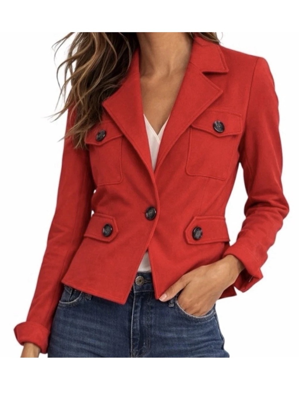 CAbi Little Red Jacket #3374 Blazer Size 4 Tailored Military Ponte Knit EUC